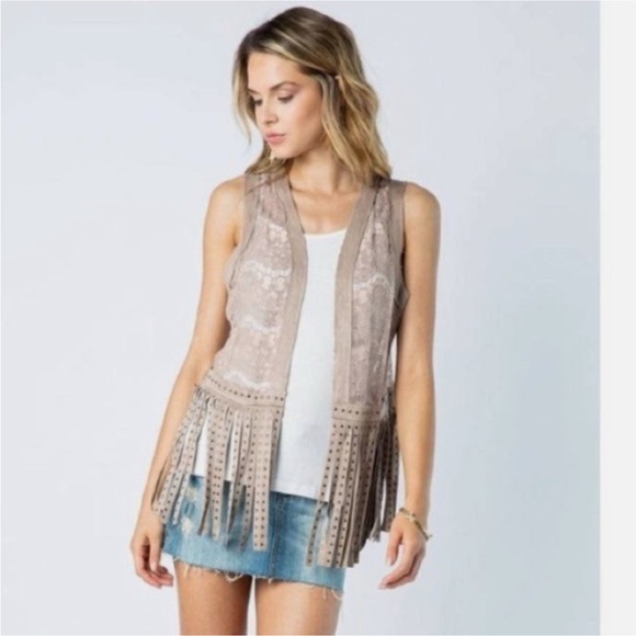 Tan Fringe Lace Vest - Picture 1 of 4